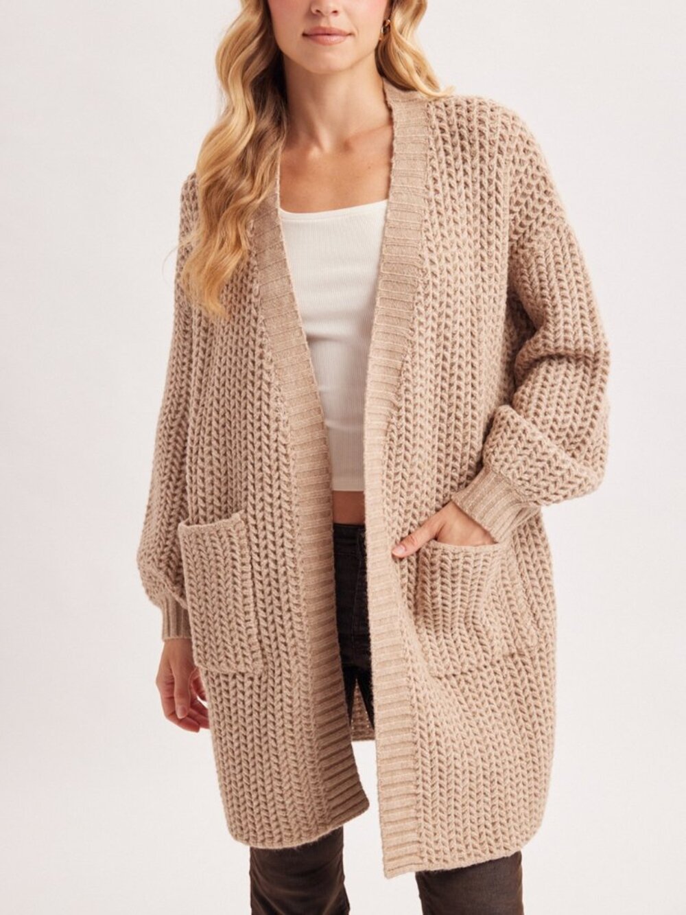 Open-front Waffle Chunky Knit Cardigan - Picture 2 of 12